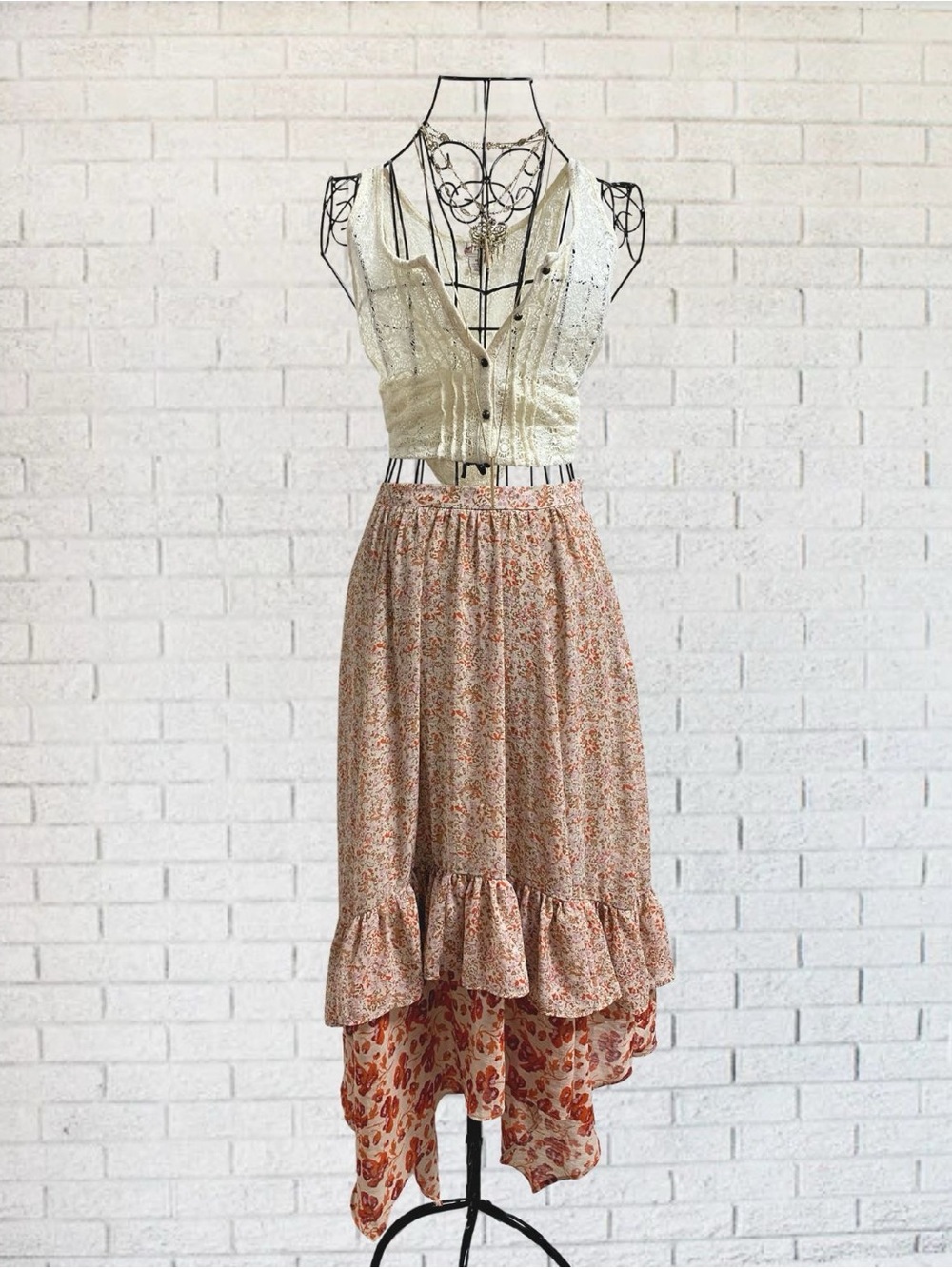 Free People Zuma Drippy Ruffle Skirt Rust Red Pink Floral Women 2 Boho Bohemian